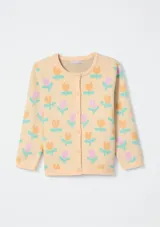 Cárdigan color amarillo con estampado de flores en tonos pastel, de tejido de punto con cuello redondo y cierre frontal con botones.