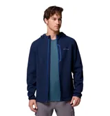 Campera softshell Columbia en color azul marino, con capucha ajustable, cierre frontal completo y bolsillo en el pecho con cierre en tono azul más claro. Cuenta con logo de la marca estampado en el pecho y bolsillos laterales.