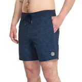 Short de baño Volcom modelo Psyche Cotton Stoney, color azul con estampado geométrico sutil. Cuenta con cintura elástica con cordón de ajuste y largo de 17 pulgadas.