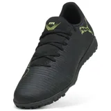 Championes de fútbol Puma Future 8 Play TT, color negro con detalles en verde lima. Diseño con textura en el empeine y suela multitaco para césped sintético.