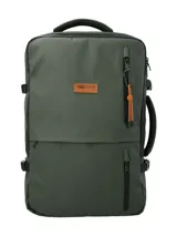 Mochila y maletín RKF de color verde militar, fabricada en poliéster reciclado repelente al agua. Cuenta con tres compartimentos independientes con cierre, compartimento para laptop de 15 pulgadas, triple bolsillo frontal, mango lateral, correas ajustables y detalles en color naranja.