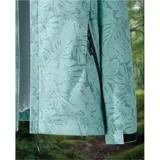 Campera cortaviento impermeable de la marca Uniteduy, color negro con estampado sutil de hojas. Cuenta con capucha, cierre frontal, tres bolsillos externos y uno interno. Es una prenda ultra liviana y transpirable, ideal para actividades al aire libre.
