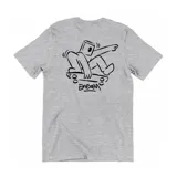 Remera gris melange de manga corta con estampa en el frente y la espalda de un personaje patinando, diseño de Emexem Originals.