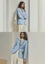 Blazer celeste de corte recto, con cuello de solapa con muesca, manga larga, bolsillos laterales con solapa y cierre frontal de un botón.