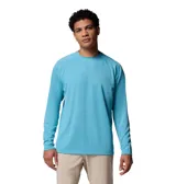 Remera deportiva de manga larga Columbia modelo PFG Solar Stream, color celeste, con tecnologías Omni-Wick y Omni-Shade para protección solar y absorción de humedad.