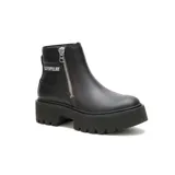 Bota de cuero negro con diseño tipo Chelsea, plataforma alta dentada y cierre lateral metálico con logo de la marca visible en el lateral.