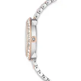 Reloj Swarovski Certa de acero inoxidable con baño en tono oro rosa y plateado. Cuenta con caja redonda, bisel con cristales en pavé, esfera guilloché blanca con índices de cristales y brazalete metálico de siete eslabones bicolor.
