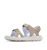 Sandalia de senderismo Columbia modelo Konos Hiker, color gris con detalles en blanco. Presenta diseño de dos correas ajustables con cierre de velcro, plantilla con tratamiento antimicrobiano y suela de caucho de alta tracción con tecnología Omni-Grip.