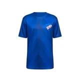 Remera deportiva azul con diseño gráfico sutil en zigzag y el escudo del Club Nacional de Football en el pecho.