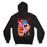 Canguro negro con capucha y bolsillo frontal, confeccionado en algodón. Presenta un diseño gráfico estampado en la espalda con calaveras, llamas, cuchillos y detalles coloridos, junto con la inscripción Made x Emexem.