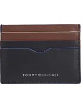 Tarjetero Tommy Hilfiger de cuero vacuno negro, marrón y bordó, con múltiples ranuras para tarjetas y logo estampado.