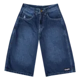 Shorts baggy de denim azul con bolsillos delanteros y traseros grandes y bordados.