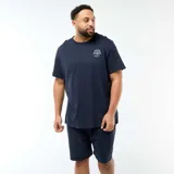 Conjunto de pijama corto de dos piezas para hombre, en color azul marino, compuesto por una camiseta de manga corta con pequeño estampado circular en el pecho y un pantalón corto a juego.
