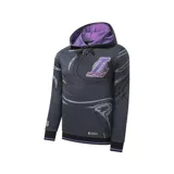 Canguro negro con capucha de interior violeta, estampado abstracto en tonos grises y el logo de Los Angeles Lakers en el frente. Cuenta con bolsillo tipo canguro y cordones ajustables.