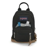 Mochila JanSport Right Pack Mini negra con base de gamuza marrón. Tiene un compartimento principal con cierre, un bolsillo frontal con cierre y un asa de mano en la parte superior.