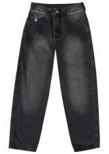 Pantalón jean negro de corte baggy recto, con tiro medio, denim de 12 oz y lavado localizado. Presenta bolsillos delanteros grandes con bordado.