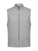 Chaleco gris melange con textura acolchada de rombos, cuello alto y cierre frontal de cremallera. Presenta un pequeño parche bordado con silueta de pato en el pecho.