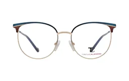 Armazón de metal para lentes de receta, marca T.Calandra, modelo C41M, color dorado con detalles en azul y marrón.