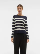 Suéter de punto con cuello redondo y puños acanalados, con diseño de rayas horizontales anchas en azul marino y blanco/beige.