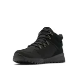 Bota de senderismo de caña media Columbia, color negro, confeccionada en material textil impermeable con refuerzos de gamuza en el talón y cuello. Cuenta con puntera de goma resistente a la abrasión, sistema de cordones con ganchos metálicos y suela de caucho con tecnología Omni-Grip para mayor tracción.