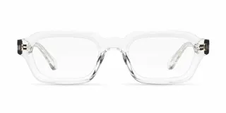 Armazón de receta con diseño cuadrado de estilo retro, fabricado en material transparente bio-based. Presenta un frente con líneas rectas en la parte superior y patillas de propionato de celulosa.