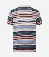 Remera polo de manga corta con diseño de rayas horizontales multicolor. Confeccionada en tejido de punto con trama abierta, cuenta con cuello clásico y cierre frontal de botones.