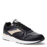 Championes urbanos N+ modelo Alberca, color negro con detalles en beige y gris, con cierre de cordones y suela blanca.