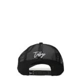 Gorro de béisbol negro con paneles de malla en la parte trasera y parche cuadrado con logo bordado en blanco en el frente.