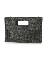 Cartera de fiesta Jessica McClintock cubierta de strass plateados, con asa de mano y asa de cadena metálica removible. Incluye bolsillo interior y cierre con botón imantado.