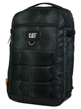 Mochila de cabina Caterpillar modelo Bobby Cabin Backpack, color negro con patrón geométrico texturizado. Cuenta con compartimento principal amplio, bolsillo frontal con cierre, asas acolchadas y el logo de la marca en el frente.