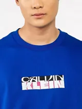 Remera de algodón azul con cuello redondo y corte relajado, que presenta un estampado gráfico con el logo de la marca en el pecho.