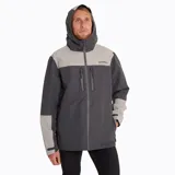 Chaqueta impermeable Merrell Mesquite Hardshell para hombre, con capucha ajustable, cierre frontal con cremallera, bolsillos laterales con cremallera y diseño de bloques de color gris y beige.