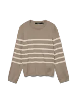 Sweater tejido de manga larga con cuello redondo y diseño a rayas horizontales en color celeste y beige. Calce regular.