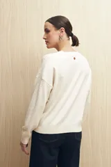 Sweater de punto fino color blanco, con cuello redondo, mangas largas y detalle de calado delicado en la parte superior del pecho, hombros y mangas.