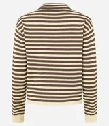 Sweater de punto de manga larga, con rayas horizontales en azul marino y blanco. Presenta cuello redondo ligeramente elevado y puños y ruedo en color blanco liso.