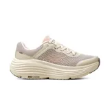 Championes deportivos Skechers Max Cushioning Endeavour, color beige con detalles en rosado. Presentan una parte superior de malla técnica con superposiciones sintéticas y una entresuela gruesa con tecnología de amortiguación ULTRA LIGHT y diseño de balancín para una transición suave.