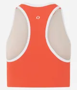 Top deportivo Get Over de microfibra color rojo con cuello halter, cierre frontal y detalles de bies en color blanco. Incluye copas para mayor soporte.