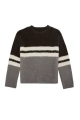 Sweater de cuello redondo con diseño de bloques de color en tonos marrón, gris y blanco, con textura de tejido de punto esponjoso y mangas largas.