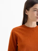 Sweater de tejido de punto color naranja, con cuello redondo, mangas largas y puños acanalados. Presenta una textura suave y un diseño clásico de calce estructurado.