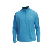 Buzo deportivo Under Armour Tech Textured 1/2 Zip de color celeste con efecto melange, cuello alto y cierre frontal parcial. Cuenta con mangas largas raglán y el logo de la marca estampado en blanco en el pecho.