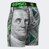 Calzoncillos tipo bóxer con estampado de billetes de 100 dólares y la cara de Benjamin Franklin. Banda elástica negra con logo de la marca en verde neón. Entrepierna de 7 pulgadas con bolsa MicroMesh sellada y transpirable. Estiramiento en cuatro direcciones y costuras planas para mayor durabilidad.