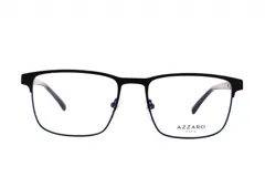 Armazón para lentes recetados Azzaro, de metal color negro mate con detalles en azul. Diseño rectangular con patillas delgadas y plaquetas ajustables.