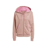 Campera Adidas Essentials Color marrón con interior de la capucha rosa, cierre frontal completo, bolsillos laterales con ribete blanco y logo bordado en el pecho.