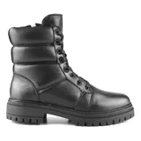 Bota de cuero negra con caña media acolchada, cordones y suela track.