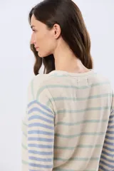 Buzo tejido de algodón con diseño a rayas horizontales, cuello redondo y mangas largas. El cuerpo presenta rayas en tonos azul y beige, mientras que las mangas combinan rayas en tonos azul y rosado.