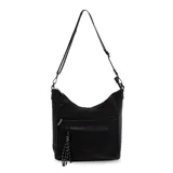 Cartera bandolera gris de formato amplio, con correa larga regulable y desmontable con inscripciones. Cuenta con cierre superior, bolsillo frontal con cierre y detalle colgante de cordones, y un bolsillo trasero con cierre.