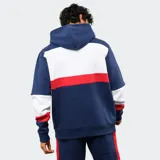 Canguro con capucha de la marca Umbro, oficial del Club Nacional de Football. Presenta un diseño tricolor con bloques en rojo, blanco y azul, bolsillo frontal tipo canguro y cordones ajustables en la capucha.