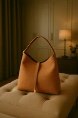 Cartera hobo grande de cuero color caramelo con asa corta y cierre con cordón ajustable.