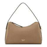 Cartera tipo hobo Guess modelo Jasmin de color marrón, confeccionada en símil cuero con herrajes dorados y el logo de la marca en la parte frontal. Cuenta con cierre superior y una sola asa ajustable.