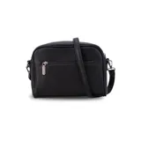 Bandolera de diseño rectangular con combinación de texturas en negro y beige. Presenta paneles laterales con estampado de reptil, un panel central en tono neutro y laterales en cuero sintético negro texturizado. Incluye cierre superior y correa ajustable extraíble.